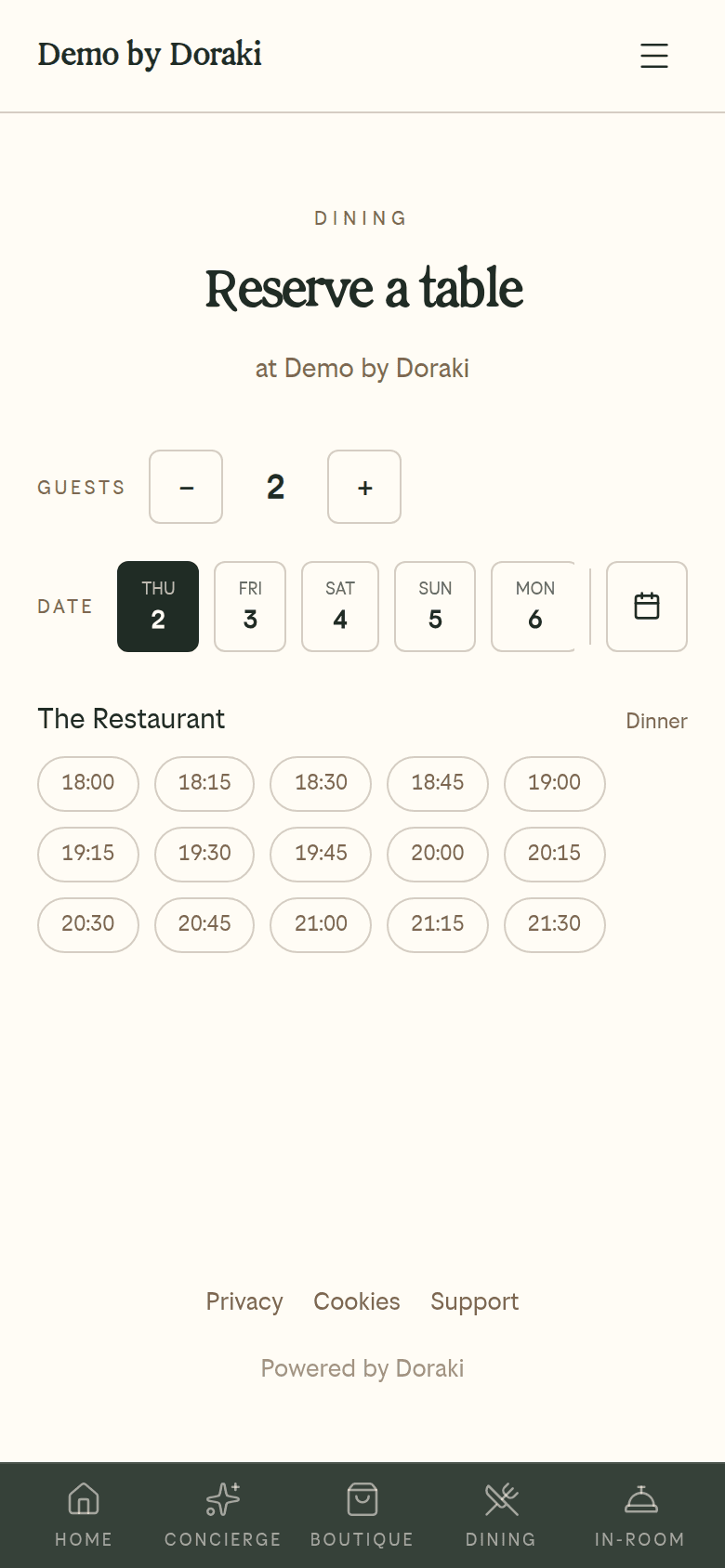 The Doraki table reservation flow on a phone — live demo property