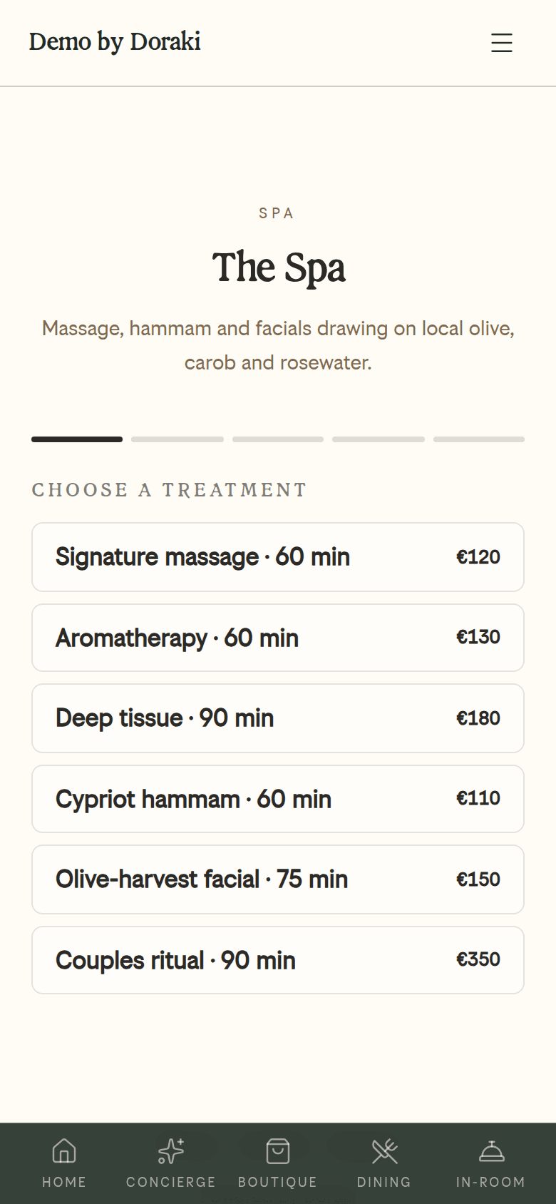 The Doraki spa booking flow on a phone — live demo property